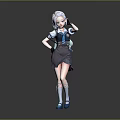 Cute Anime Girl Character With Little Creature In Blue Black Outfit And Gray Skirt