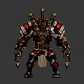 Horned Fantasy Warrior Character In Red Silver Armor With Skull Decorations And Dual Weapons