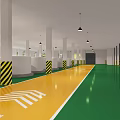 Spacious Office Corridor With Blue Floor Yellow Lines Black And White Striped Pillars Hanging Lights