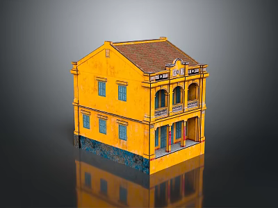 Yellow Two Story Building With Balconies Red Doors Windows And Brown Roof 3d model