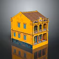 Yellow Two Story Building With Balconies Red Doors Windows And Brown Roof