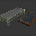 Two Stylish Furniture Tables With Gray Tablecloth Cover And Blue Marble Top Wooden Frame