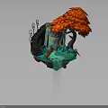 Enchanted Floating Castle Scene With Red Tree Staircase Path Flowers And Green Pillar