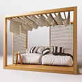 Outdoor Sofa with Wooden Frame Canopy and Fabric Curtains Striped Solid Cushions Small Stool