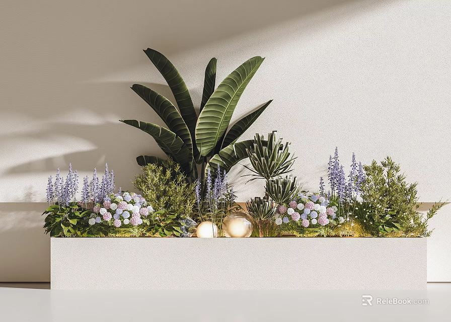 White Rectangular Planter Featuring Large Leafy Greens Purple Flowers Pink Hydrangeas And Small Lights 3d model