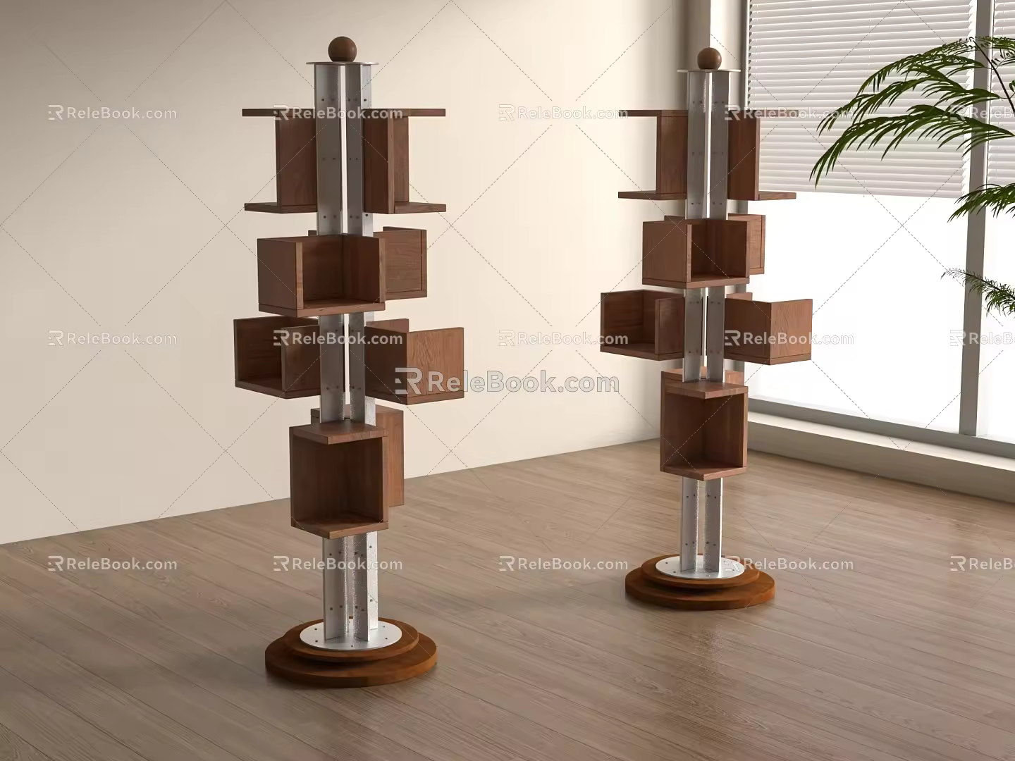 Modern Middle Ancient Bookshelf Solid Wood Metal Floor-Standing Bookshelf 3d model