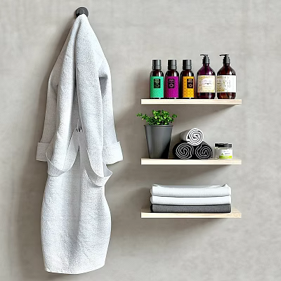 Organized Bathroom Storage Shelves With Bath Products Towels Robe And Small Plant 3d model