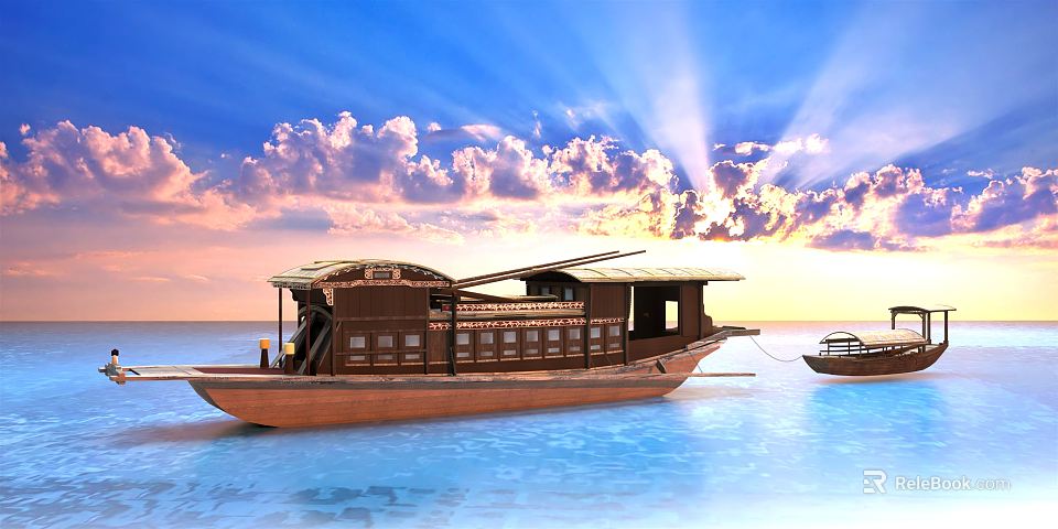 Wooden Boat On Calm Sea Surface During Sunset With Clouds Sunlight And Small Boat 3d model 