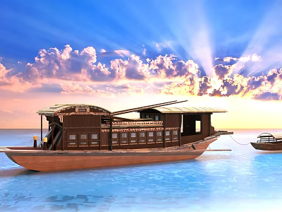 Wooden Boat On Calm Sea Surface During Sunset With Clouds Sunlight And Small Boat 3d model