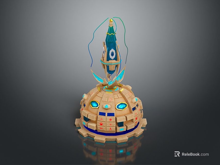 Enchanting Fantasy Landscape Featuring Golden Circular Base Blue Luminous Orbs And Spire Structure 3d model 