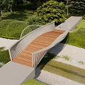 Modern Arch Bridge With Wooden Deck Over Stream Surrounded By Trees And Grassy Paths 3d model