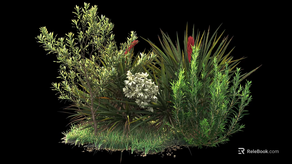Diverse Green Leafy Shrubs With Red Flowers In Natural Garden Setting 3d model 