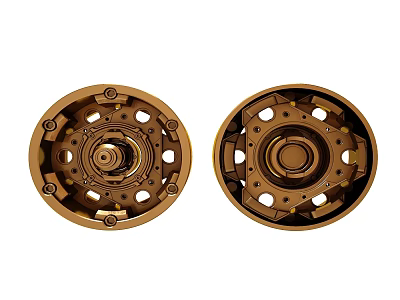 Golden Mechanical Wheel Hub With Central Structure And Perforated Holes Design 3d model