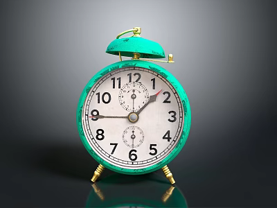 Vintage Green Alarm Clock With Bell White Dial Black Numbers Golden Base And Black Background 3d model