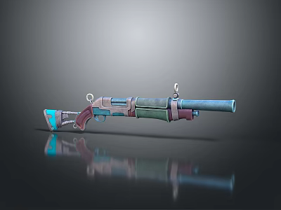 Vintage Shotgun With Blue Green Brown Design Wooden Handle And Metal Barrel On Black Background 3d model