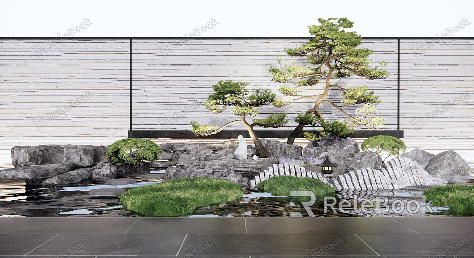 New Chinese style landscape sketch rockery waterscape landscape stone courtyard sketch landscape wall fence pine tree model