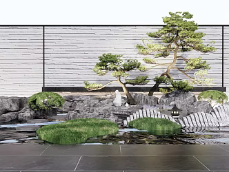New Chinese style landscape sketch rockery waterscape landscape stone courtyard sketch landscape wall fence pine tree 3d model