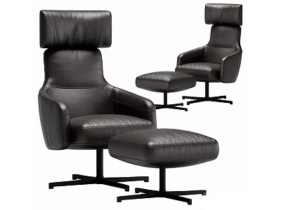 Black Leather High Back Office Chair with Ottoman and Modern Metal Base Design 3d model