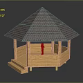 Modern Wooden Gazebo With Conical Tile Roof Platform And Person Standing Inside