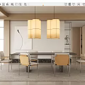 Modern Restaurant Interior with Long Dining Table Chairs and Two Pendant Lights in Minimalist Style