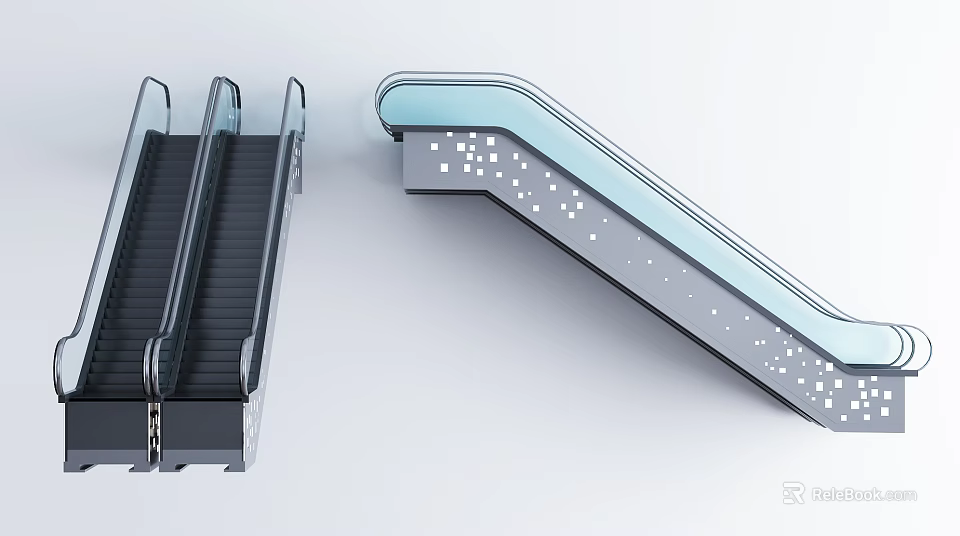Modern Escalator With Transparent Handrails Silver Frame And Decorative Dot Lights 3d model 