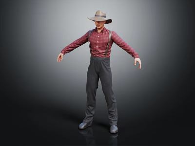 A Man Wearing Hat Red Plaid Shirt And Suspenders With Arms Outstretched On Dark Background 3d model