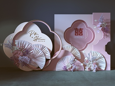 New Chinese Pink Wedding Beauty Chen Photo Area Photo Wall Niche Fan-shaped Flower Art Return to Ning Banquet Wedding Arrangement Punch Point Tanabata Beauty Live Broadcast model