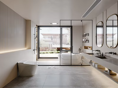 Modern Bathroom Interior With Glass Shower Double Vanity Freestanding Bathtub And Garden View Windows 3d model