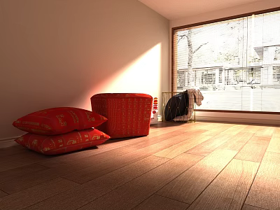 Furniture Showroom Featuring Light Colored Walls Wooden Flooring Window Blinds Red Cushions and Storage Box 3d model