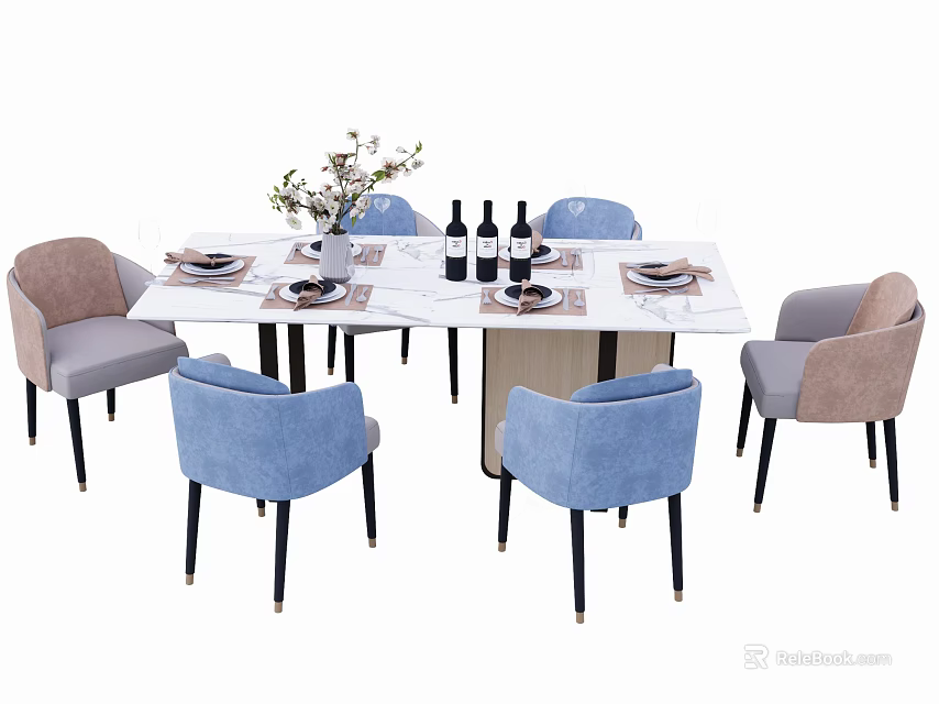 White Dining Table Set With Six Blue And Brown Chairs Flower Arrangement Wine Bottles Tableware 3d model