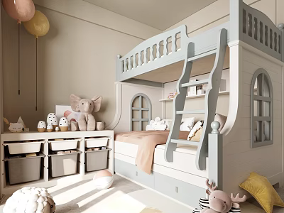 Modern Pastel Bunk Bed With Multifunctional Storage Space For Sweet Children Bedroom Interior Design 3d model