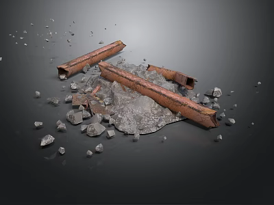 Rusty Metal Pipes Scattered With Broken Stones And Debris In Demolition Site 3d model
