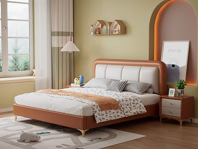 Cozy Kids Bed With Brown Leather Headboard White Mattress Bedside Table Lamp And Wall House Decor 3d model