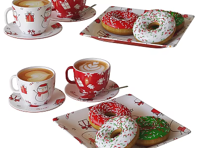 Festive Christmas Decorative Coffee Mugs With Latte And Snowman Gift Patterns On Saucers 3d model
