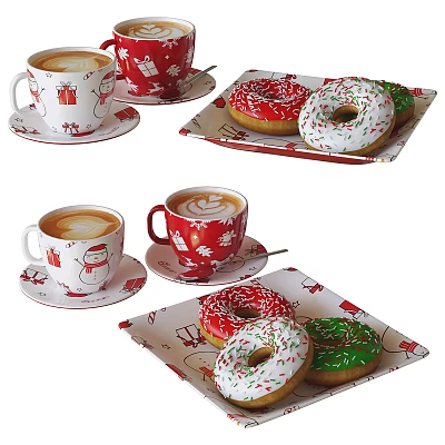Festive Christmas Decorative Coffee Mugs With Latte And Snowman Gift Patterns On Saucers 3d model