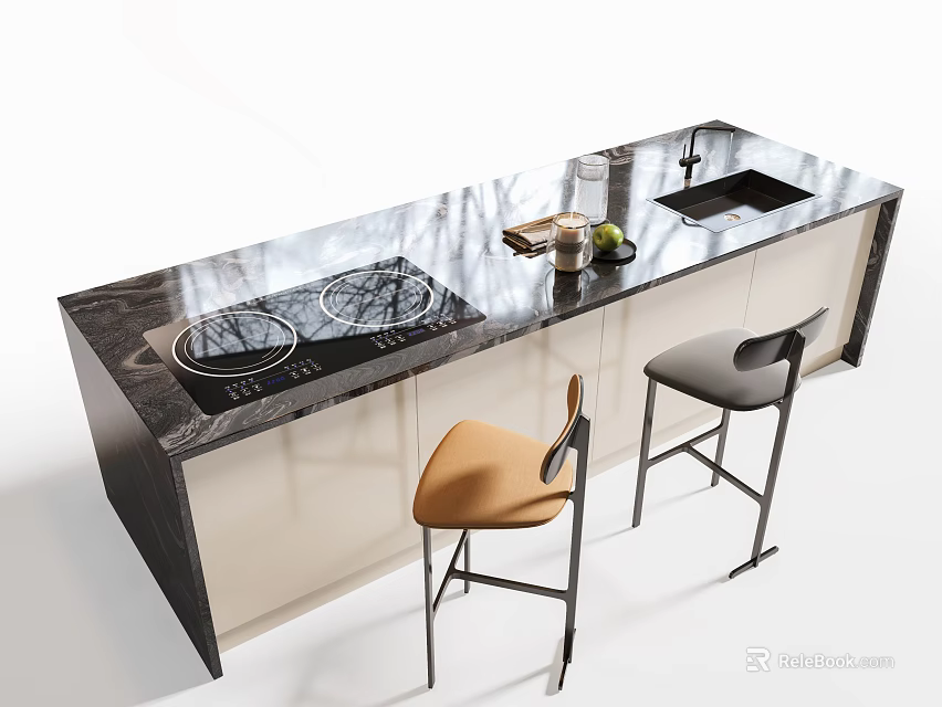 Elegant Modern Bar Counter Interior With Marble Top Cooktop Sink And Stylish Bar Stools 3d model 