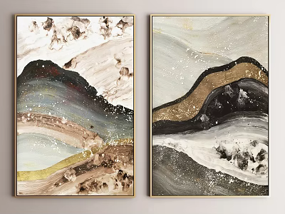 Modern Abstract Paintings With Mountain Shapes Wavy Lines Neutral Tones And Golden Frames 3d model