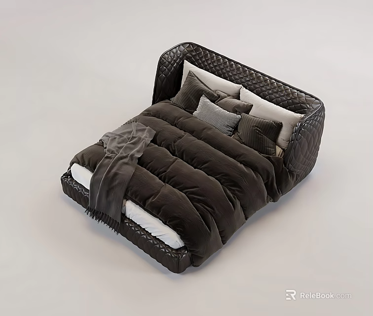 Modern Double Bed With Fluffy Dark Bedding Decorative Pillows And Quilted Headboard 3d model 