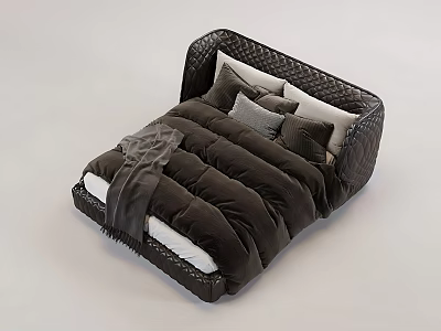 Modern Double Bed With Fluffy Dark Bedding Decorative Pillows And Quilted Headboard 3d model