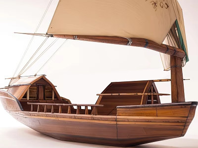 Wooden Sailing Boat Model With Beige Sail Brown Hull Cabin And Railing Details 3d model
