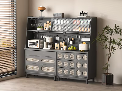 Gray Sideboard With Drawers Cabinets Open Shelves Microwave Coffee Maker Cups Jars Near Window Plant 3d model