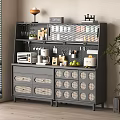 Gray Sideboard With Drawers Cabinets Open Shelves Microwave Coffee Maker Cups Jars Near Window Plant