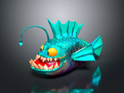 Iridescent Teal Fantasy Fish With Large Yellow Eyes Sharp Teeth And Antenna Lure 3d model