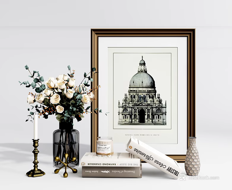 Elegant Decorative Ornament Combination With Framed Painting Flower Bouquet Vase Books And Candle 3d model 