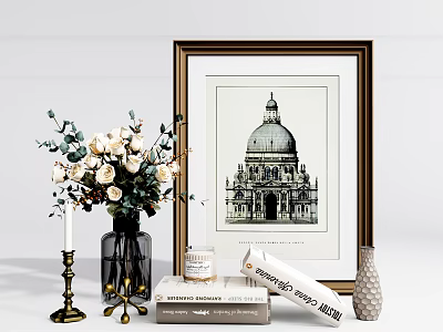 Elegant Decorative Ornament Combination With Framed Painting Flower Bouquet Vase Books And Candle 3d model