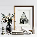 Elegant Decorative Ornament Combination With Framed Painting Flower Bouquet Vase Books And Candle