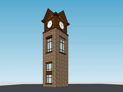 Brick Clock Tower Exterior With Gabled Roof And Multiple Windows Design 3d model