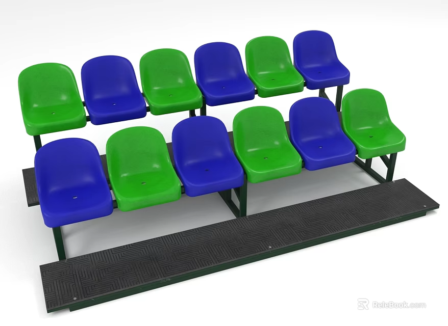 Green And Blue Stadium Seats Arranged In Two Rows With Metal Frames And Black Steps 3d model