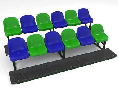 Green And Blue Stadium Seats Arranged In Two Rows With Metal Frames And Black Steps 3d model