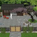Rustic Wooden Homestay Building with Wooden Gate and Pink Flowering Tree in Green Surroundings